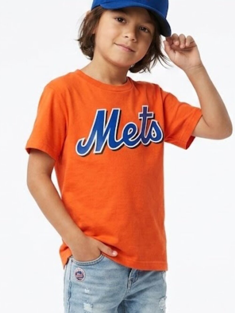 Majestic Kids Mets Graphic T Shirt Orange Blue Short Sleeve Crewneck S